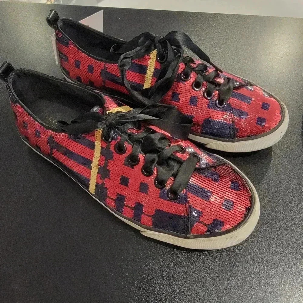 Coach Willa Sequin Black Red Plaid Sneakers